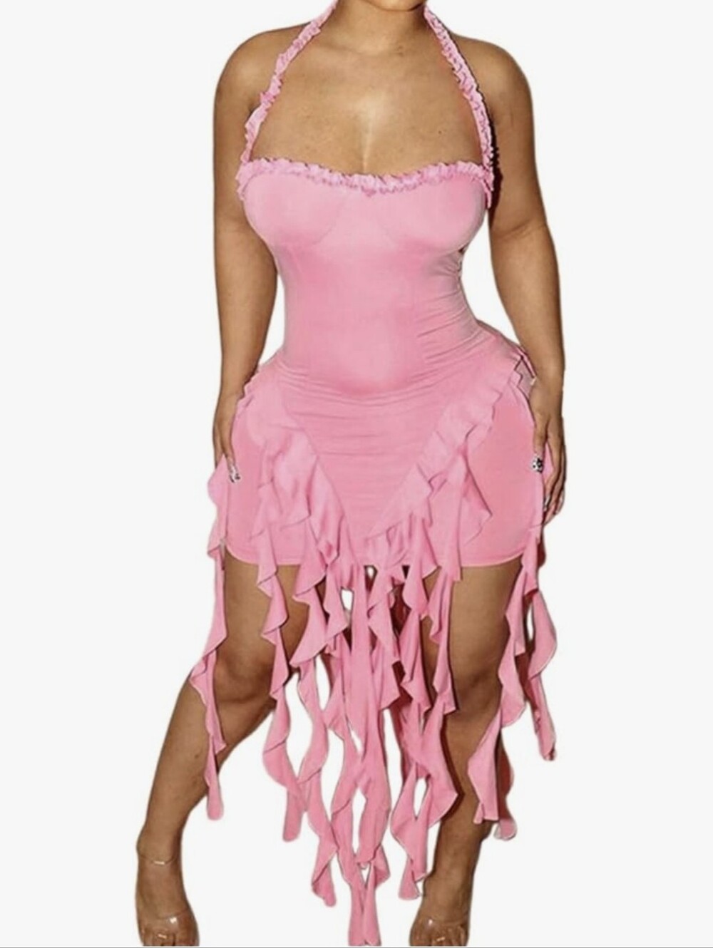 Micas Dress Halter Neck Corset Style Mini Ruffle Fringe Pink L NWT